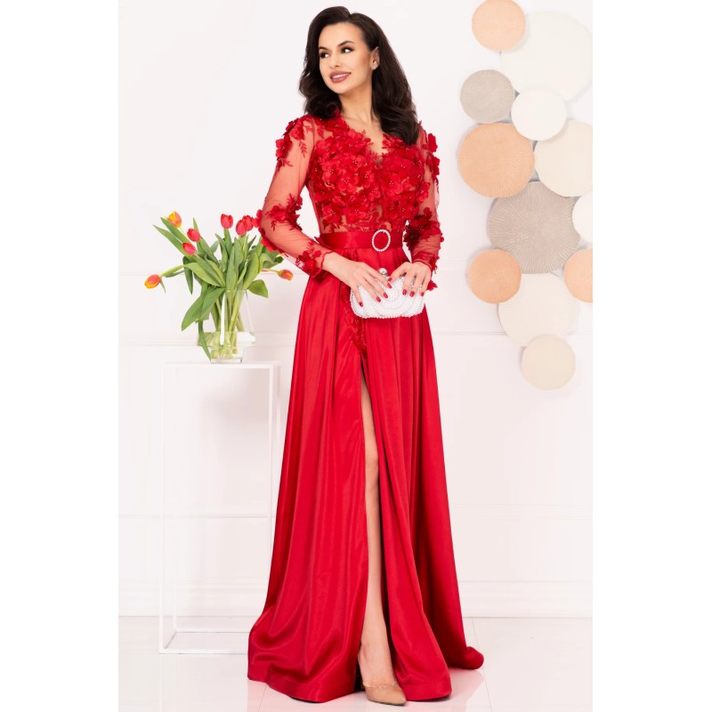 Rochie de seara eleganta rosie Ofelia cu flori 3D