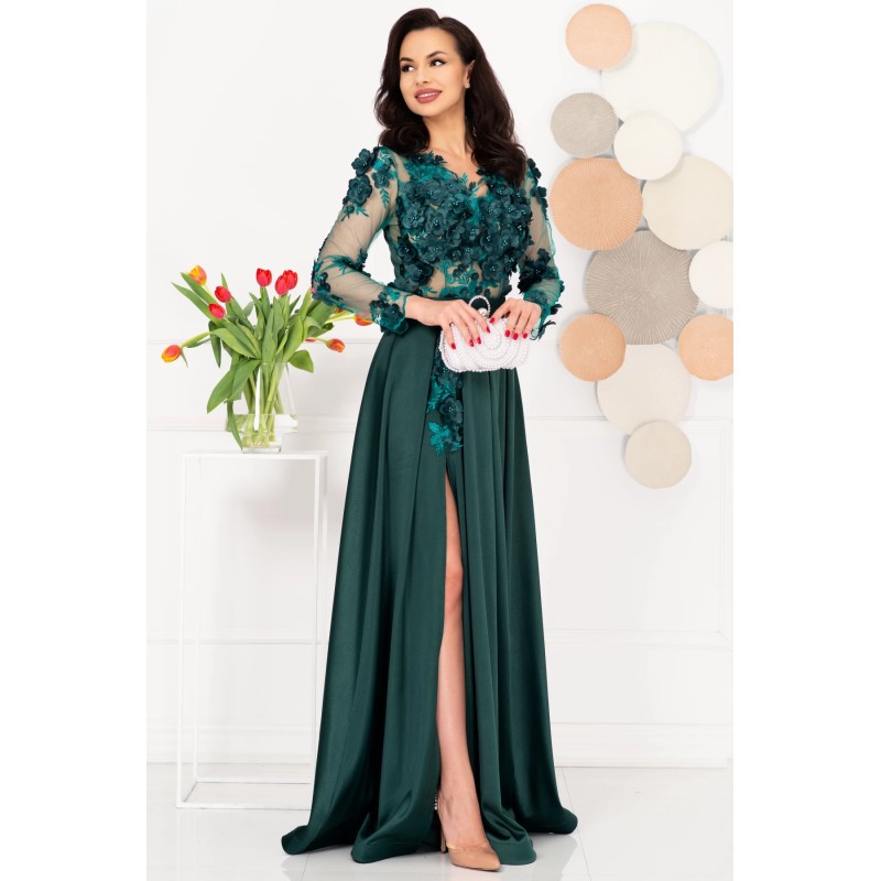 Rochie de seara eleganta verde Ofelia cu flori 3D