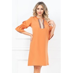 Rochie de zi traditionala caramizie cu volan la maneca