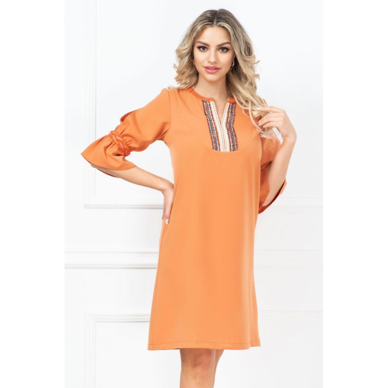 Rochie de zi traditionala caramizie cu volan la maneca