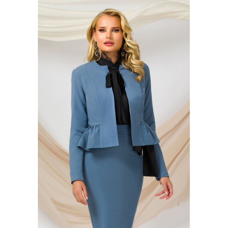 Blazer elegant Pretty Girl bleu cu volanas si funda neagra satinata