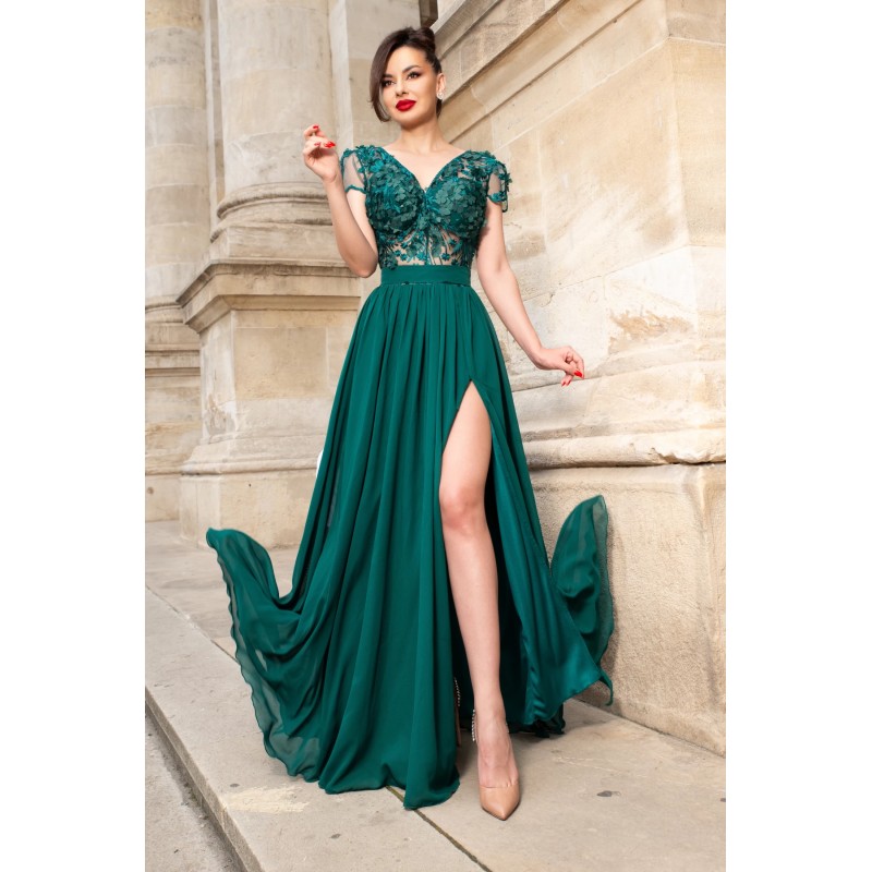 Rochie de seara eleganta Larissa verde din voal cu flori 3D
