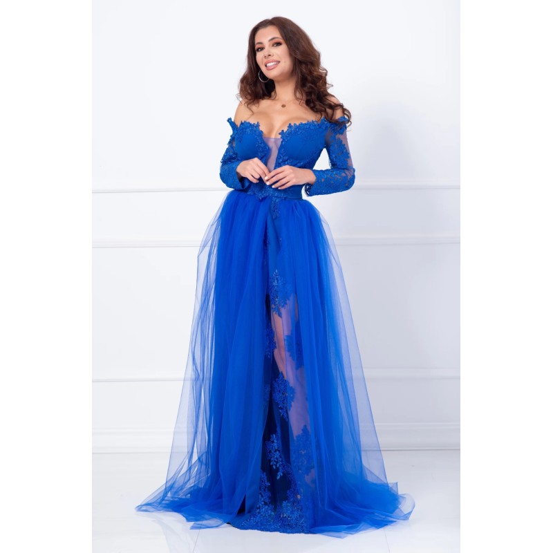 Rochie de seara lunga albastra Aurora din tulle si dantela