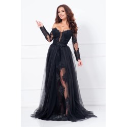 Rochie neagra de seara lunga Aurora din tulle si dantela