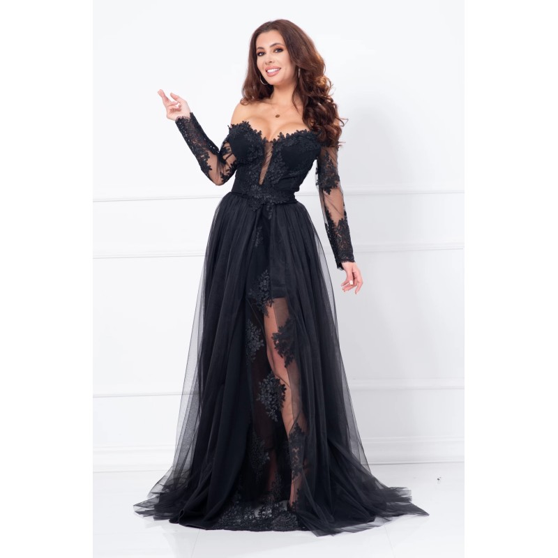 Rochie neagra de seara lunga Aurora din tulle si dantela