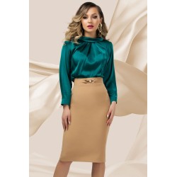 Fusta office Pretty Girl conica bej cu accesoriu metalic in talie