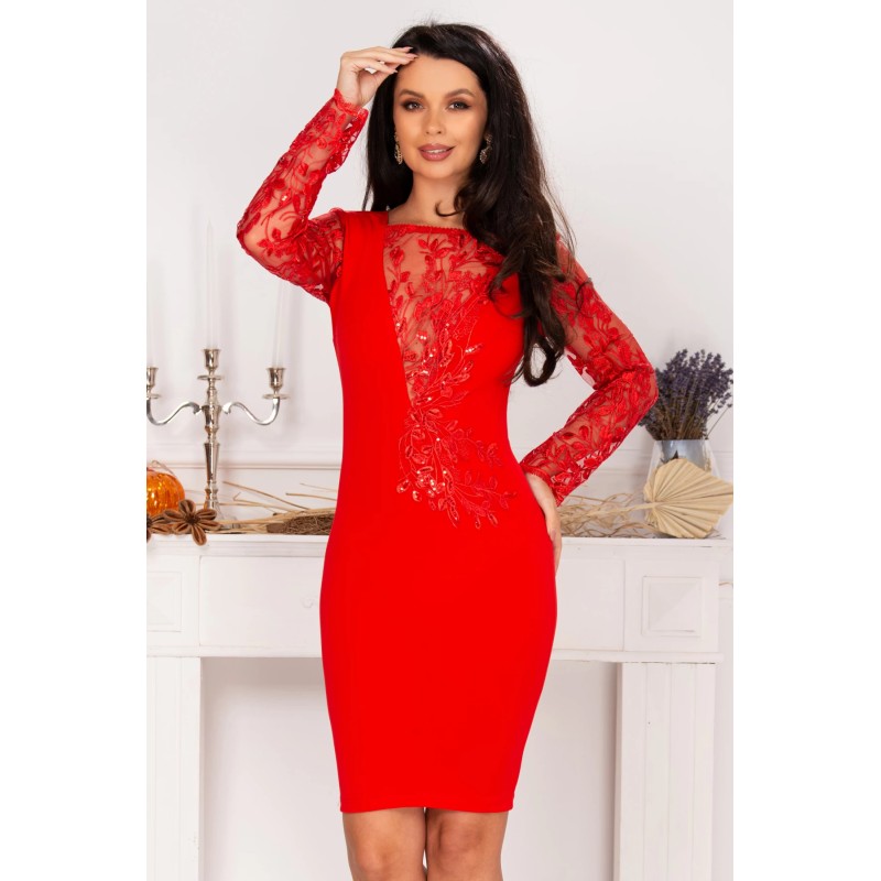 Rochie de ocazie Odette rosie cu aplicatii brodate