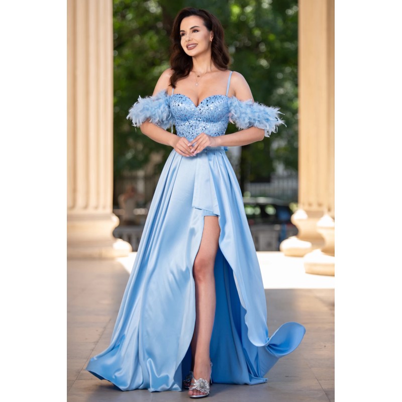 Rochie de seara bleu Valeria din tafta cu paiete si fulgi