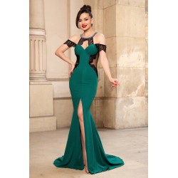 Rochie de seara sirena verde Catrinel cu colier din strass si crapatura pe picior