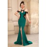 Rochie de seara sirena verde Catrinel cu colier din strass si crapatura pe picior