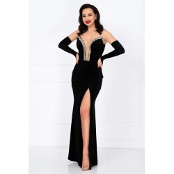 Rochie neagra de seara Olimpia din catifea cu pietre sclipitoare