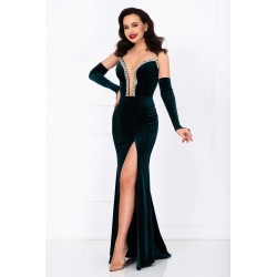 Rochie verde de seara Olimpia din catifea cu pietre sclipitoare