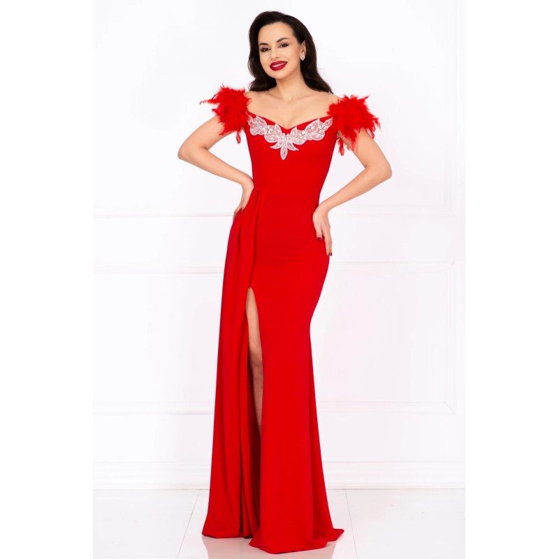 Rochie de seara lunga rosie tip sirena Alissa cu fulgi si trena
