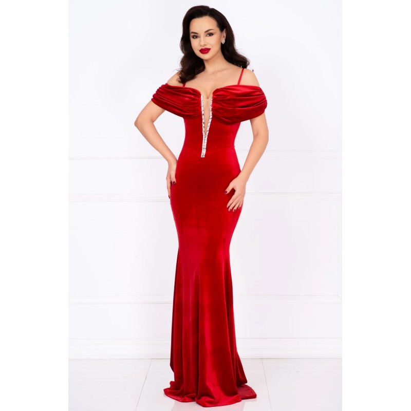 Rochie de seara rosie din catifea Leila cu fronseuri si strassuri