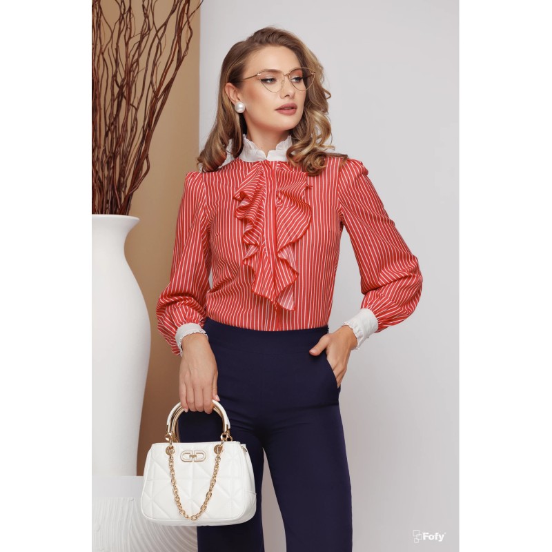 Camasa dama office rosie cu dungi albe si jabou