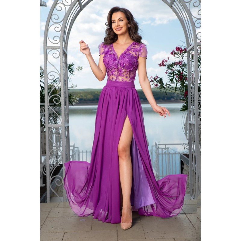 Rochie de seara eleganta Larissa mov din voal cu flori 3D