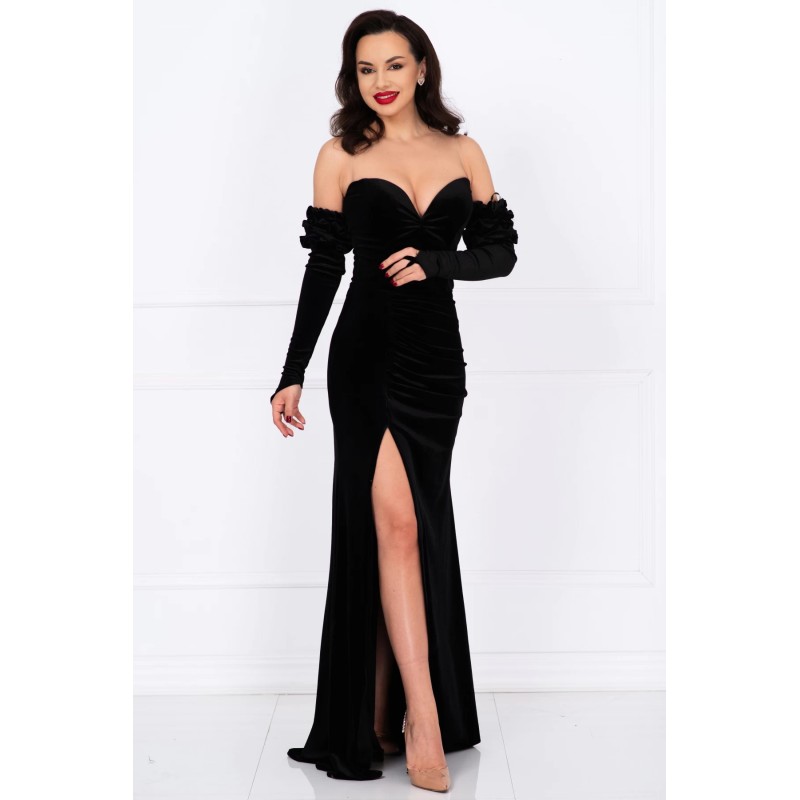 Rochie neagra lunga din catifea Irene cu maneci detasabile