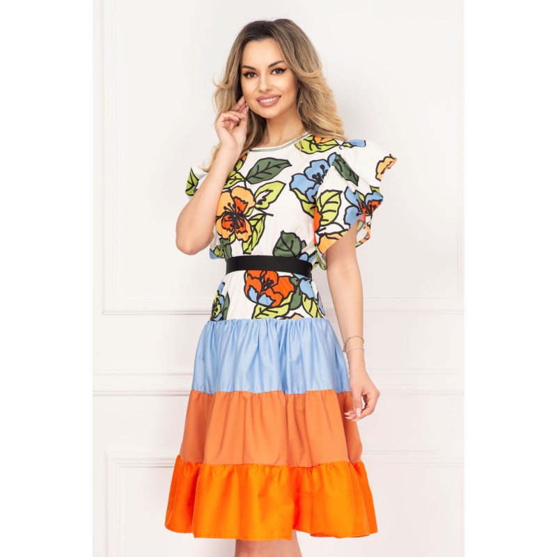 Rochie de vara cu volanase si imprimeu floral multicolor