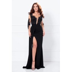 Rochie de seara neagra cu dantela si trena pe o parte