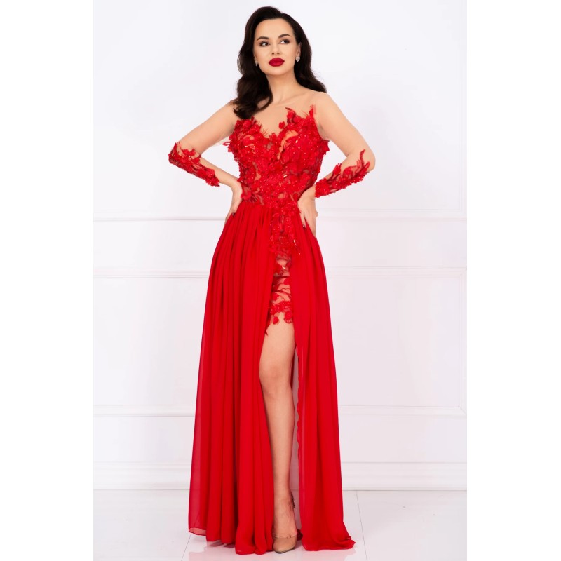 Rochie de seara lunga rosie Mikaela decorata cu flori 3D