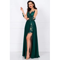 Rochie de seara lunga verde Mikaela decorata cu flori 3D
