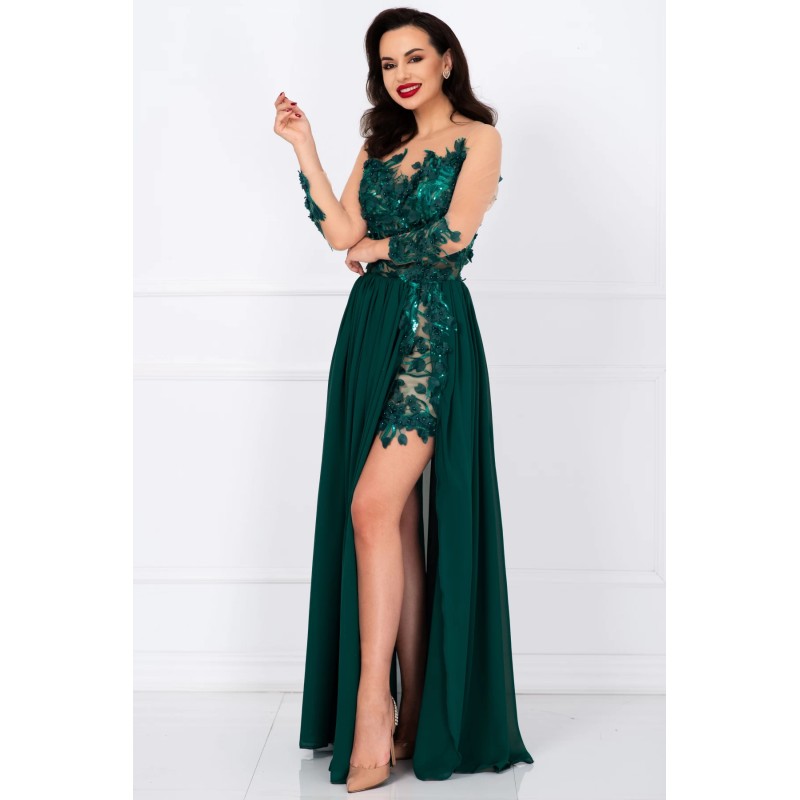 Rochie de seara lunga verde Mikaela decorata cu flori 3D