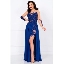 Rochie de seara lunga albastra Mikaela decorata cu flori 3D