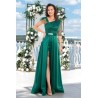 Rochie eleganta lunga verde cu paiete si fulgi pe umar