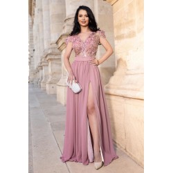 Rochie de seara eleganta rose Larissa din voal cu flori 3D