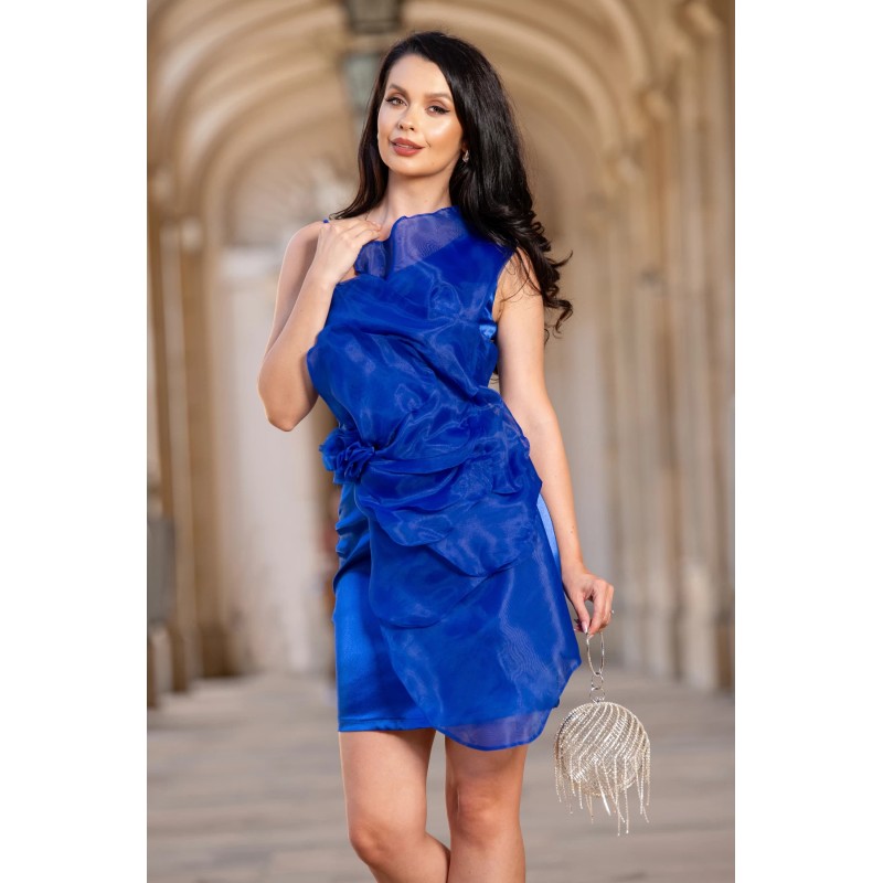 Rochie scurta de ocazie albastra Rosalia cu floare maxi din organza