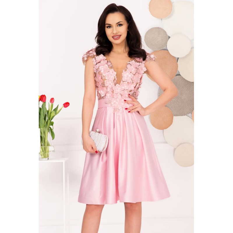 Rochie de ocazie eleganta roz in clos Liana cu flori 3D