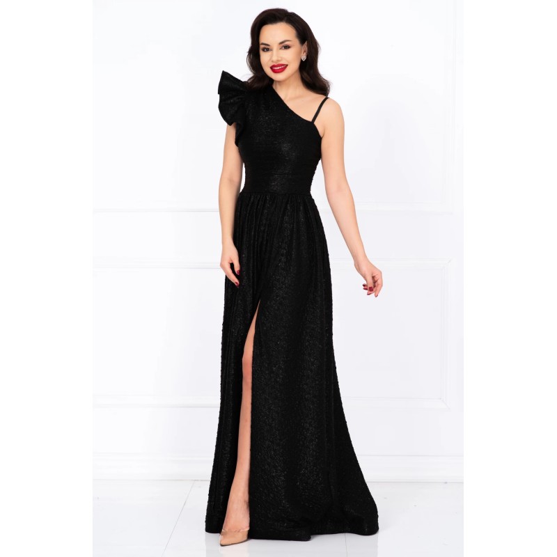 Rochie eleganta neagra Amanda din jacquard creponat