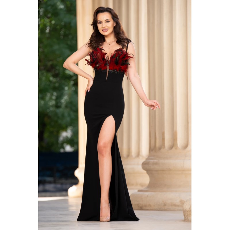 Rochie de seara eleganta tip sirena Theo decorata cu pene rosii