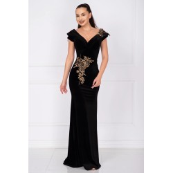 Rochie de seara tip sirena din catifea cu broderie florala aurie