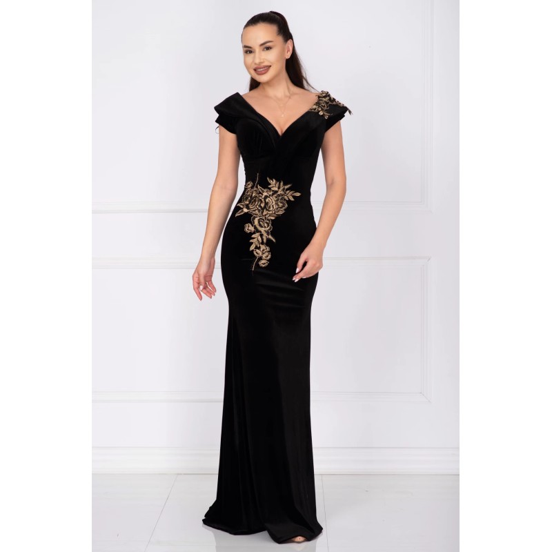 Rochie de seara tip sirena din catifea cu broderie florala aurie