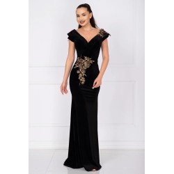 Rochie de seara tip sirena din catifea cu broderie florala aurie