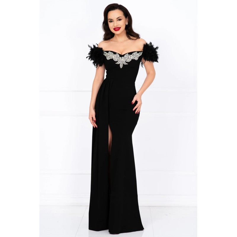 Rochie de seara lunga neagra tip sirena Alissa cu fulgi si trena