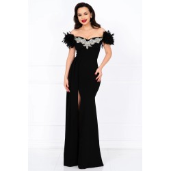 Rochie de seara lunga neagra tip sirena Alissa cu fulgi si trena