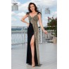 Rochie de seara neagra tip sirena cu trena pe o parte si paiete aurii