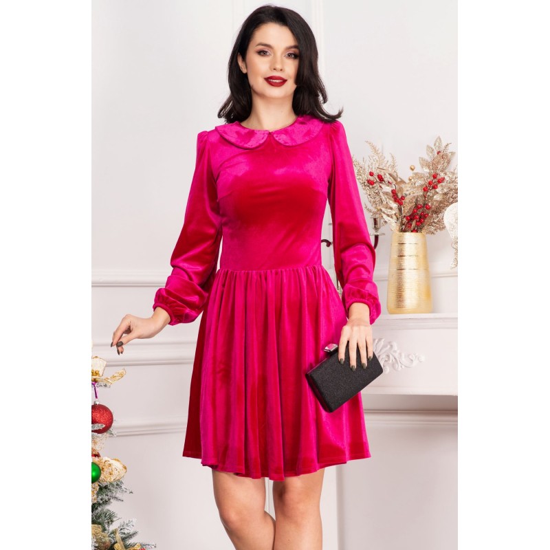 Rochie fucsia din catifea Fiolla in clos cu guler