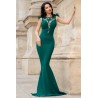 Rochie de lux Kathrin sirena verde cu flori 3D la umeri si fulgi
