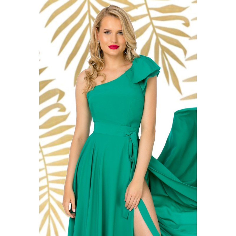 Bluza eleganta Pretty Girl verde cu volanas la umar