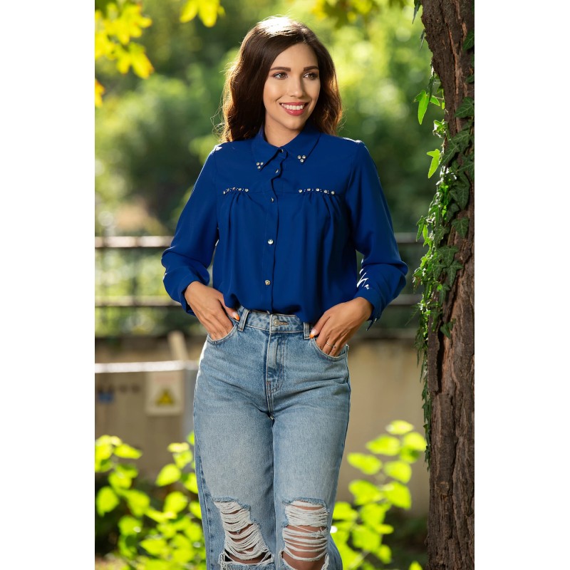 Camasa dama office albastra din voal decorata cu strassuri