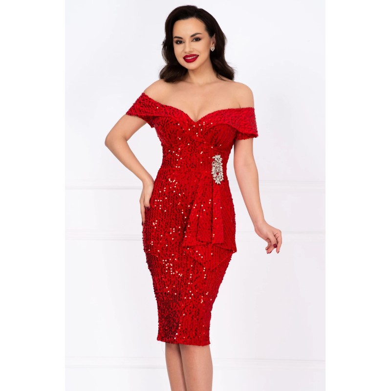 Rochie de ocazie rosie din paiete Iolanda cu accesoriu din strassuri