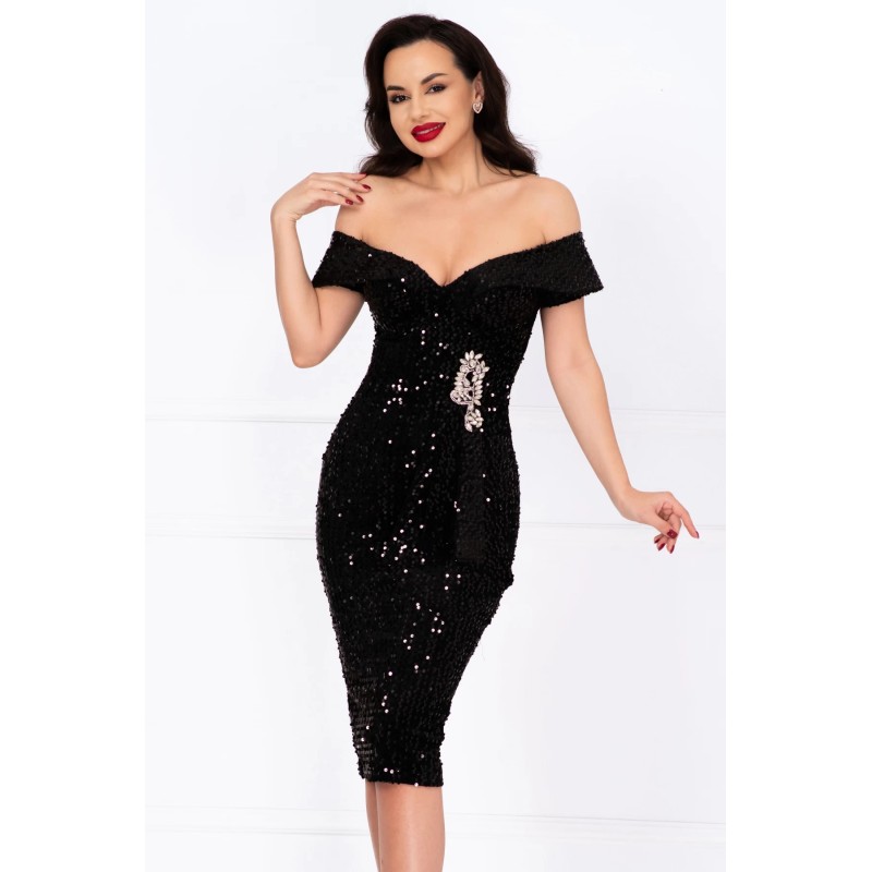 Rochie de ocazie neagra din paiete Iolanda cu accesoriu din strassuri