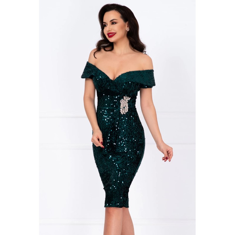 Rochie de ocazie din paiete Iolanda verde cu accesoriu din strassuri