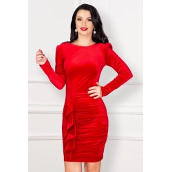 Rochie rosie din catifea Kamelis cu volan elegant