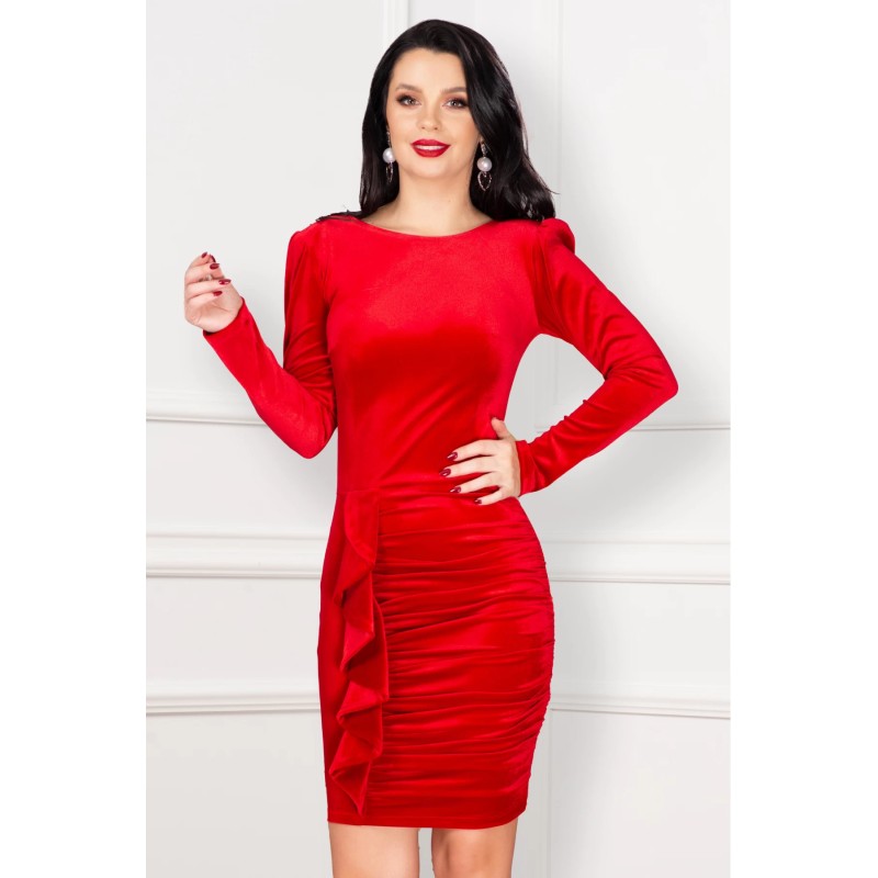 Rochie rosie din catifea Kamelis cu volan elegant