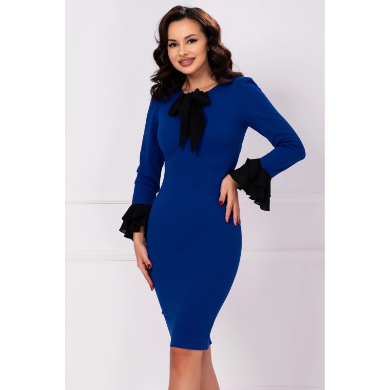 Rochie office Mary albastru royal cu mansete negre si funda