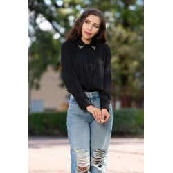 Camasa neagra office din voal cu guler decorat cu strassuri